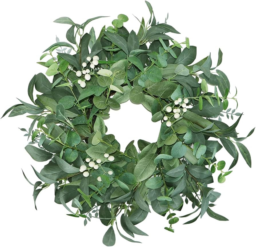 20"-22“ Green Eucalyptus Wreaths for Front Door with White Berries – Lifelike Spring, Summer,... | Amazon (US)