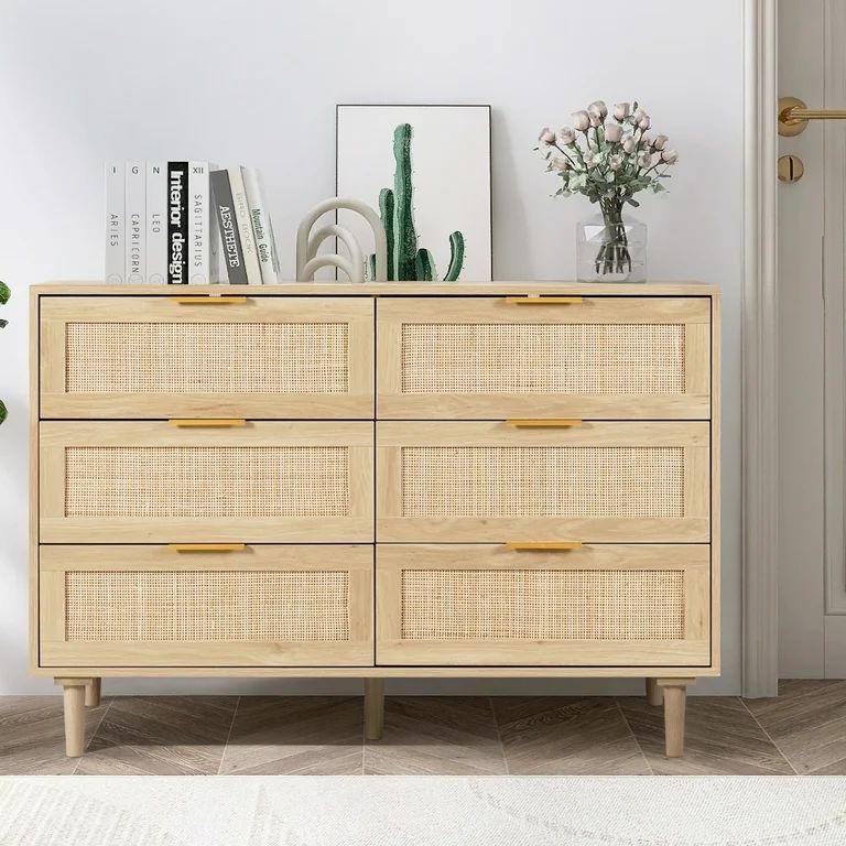 LAZZO 6 Drawer Dresser Rattan Wood Dresser Chest of Drawers Large Storage Cabinet | Walmart (US)