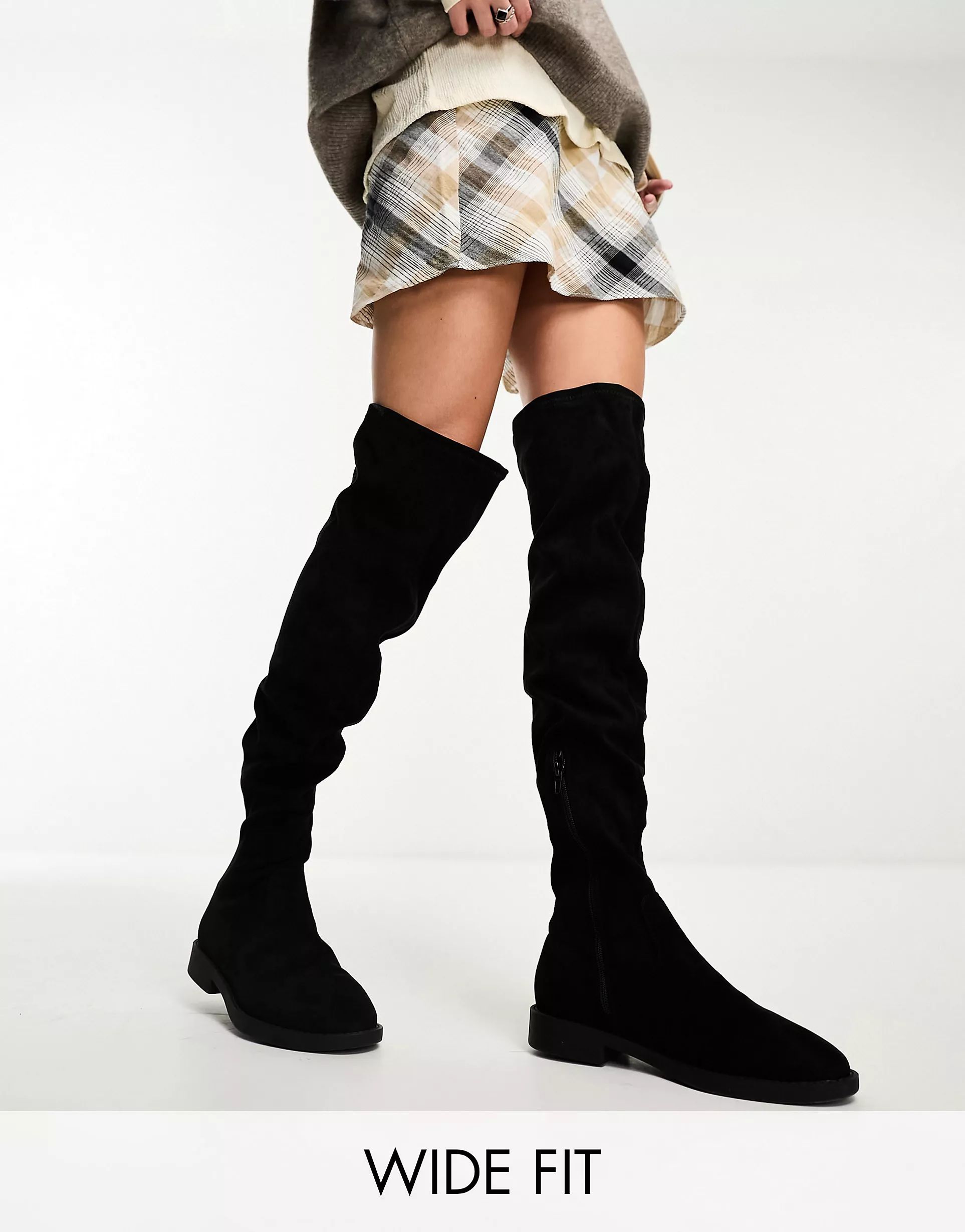 ASOS DESIGN Wide Fit Kalani over the knee boots in black micro | ASOS (Global)
