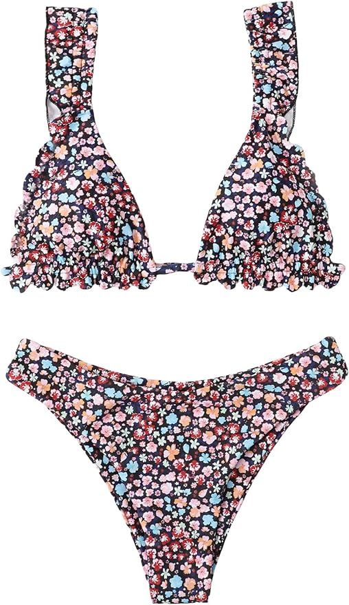 OYOANGLE Women's 2 Pieces Ditsy Floral Print Frill Trim Strap High Cut Bikini Set Swimsuit | Amazon (US)