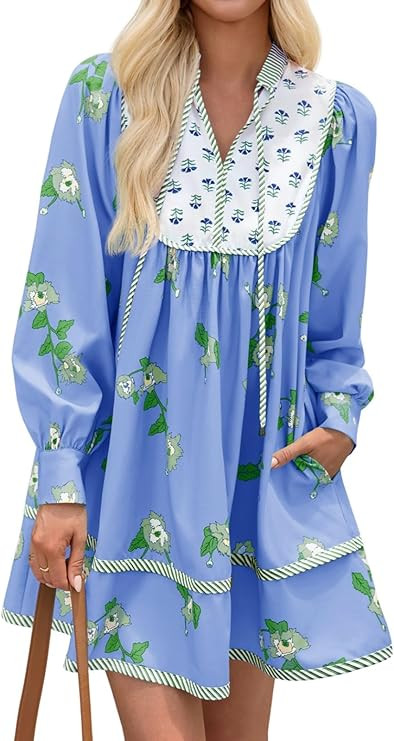 Wenrine Womens Casual Floral Mini Dress 2025 Fall Long Sleeve V Neck Patchwork Loose Boho Shirt D... | Amazon (US)