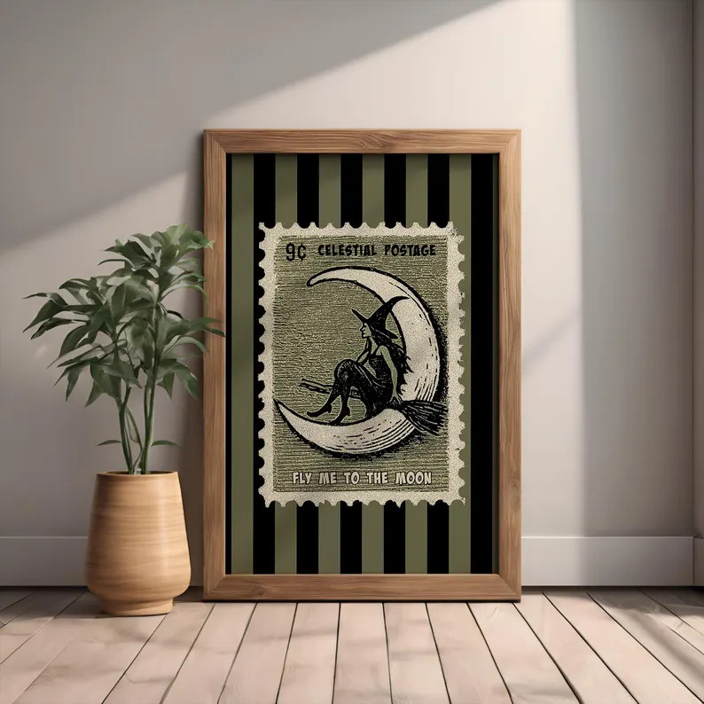 Vintage Witch Stamp Art – “fly Me to the Moon” Halloween Printable | Trendy Wall Art, Moody... | Etsy (US)