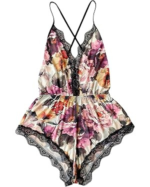 WDIRARA Women's Floral Lace Trim Cami Romper Crisscross Sleeveless Short Jumpsuit Sleepwear | Amazon (US)