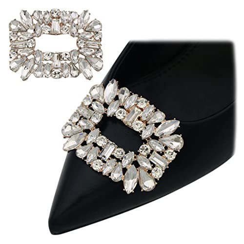 2 PCS Rectangle Rhinestones Shoe Buckles Removable Metal Shoe Clips Bling Shoe Decorations for Wedding Party Women Girls Gold Base with Clear Rhinestones | Amazon (US)