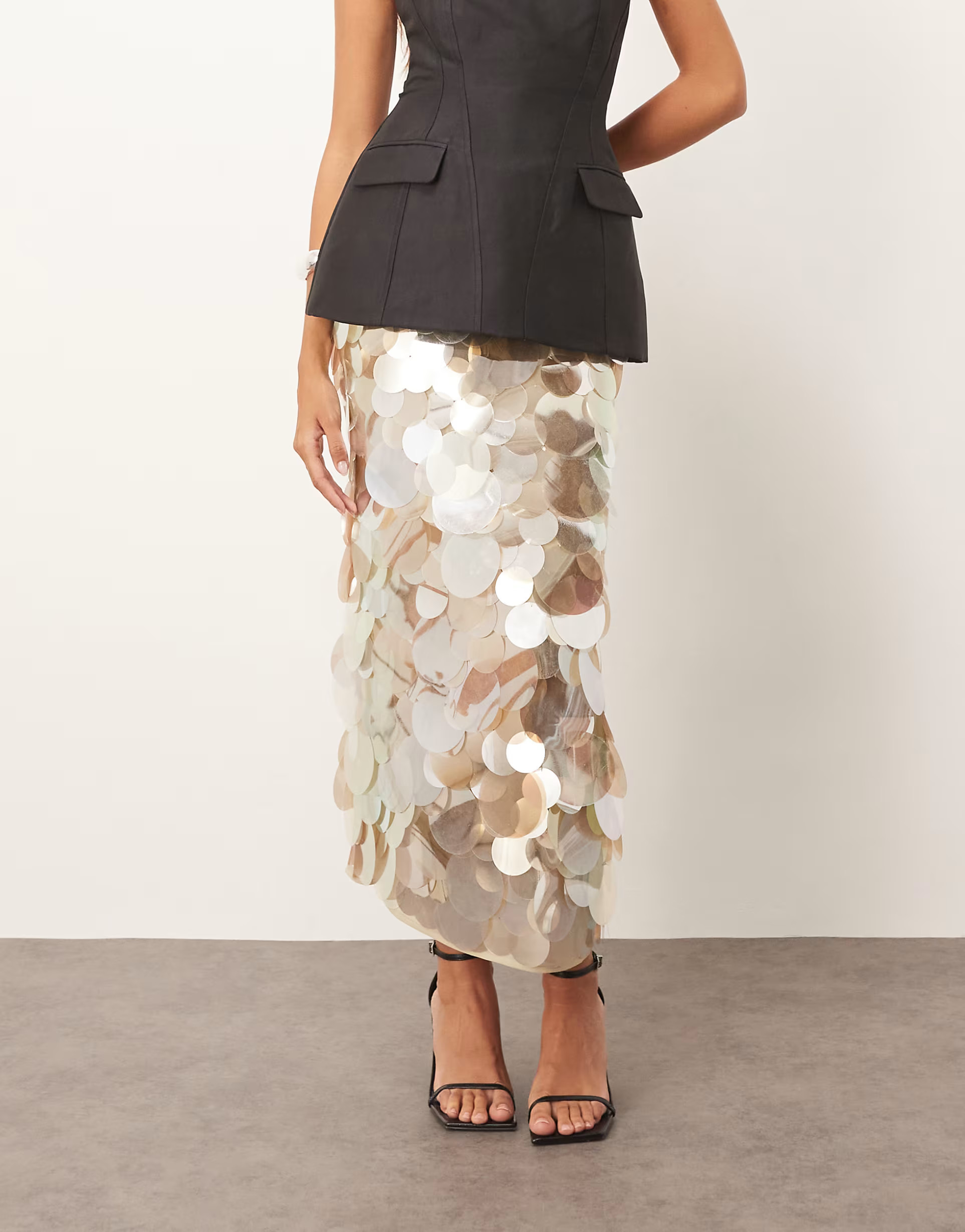 ARRANGE mirror paillette column maxi skirt in silver | ASOS (Global)