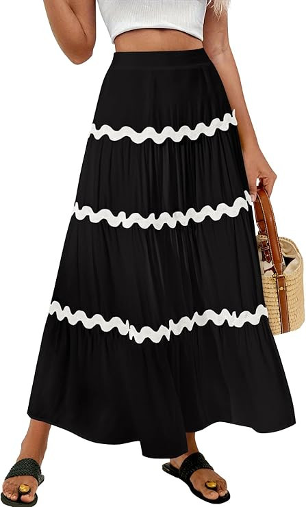 MIHOLL Women's Boho Maxi Skirt Long Summer Elastic High Waist A-Line Flowy Swing Casual Tiered Be... | Amazon (US)