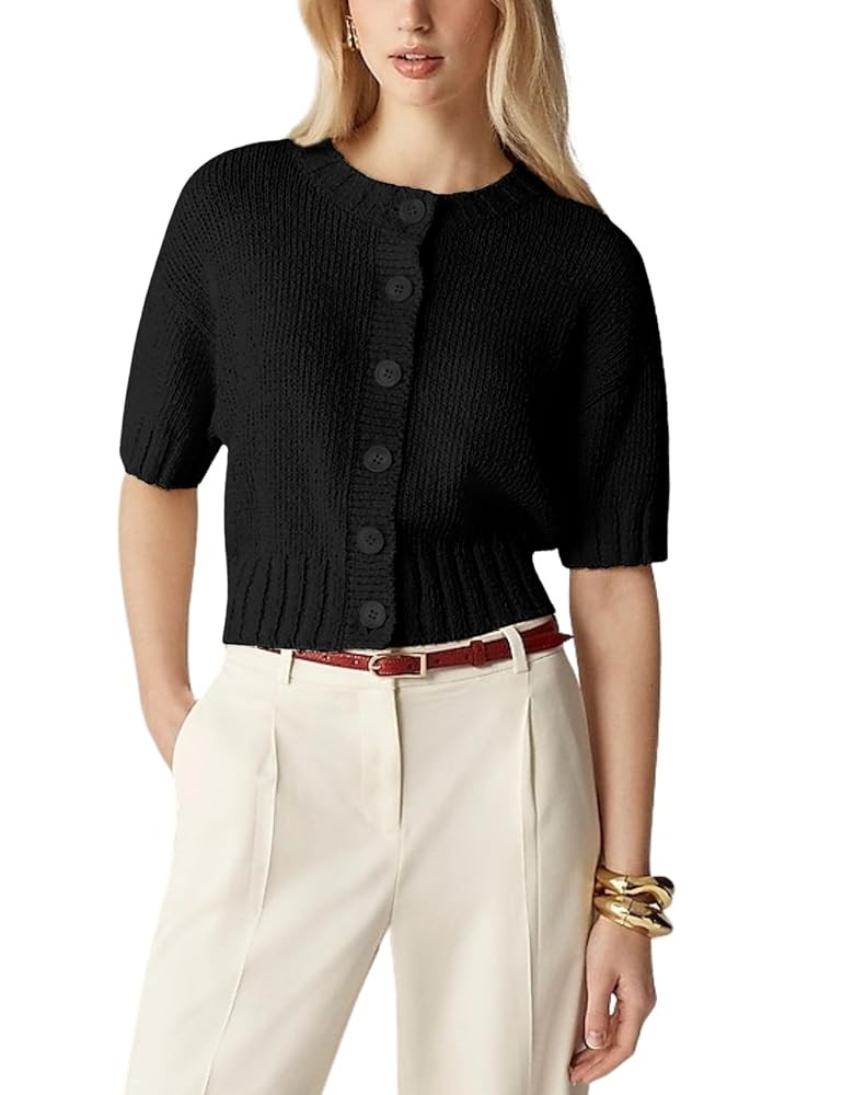 Womens 2025 Lightweight Cardigan Short Sleeve Knit Button Down Cropped Pullover Ribbled Sweater | Amazon (US)