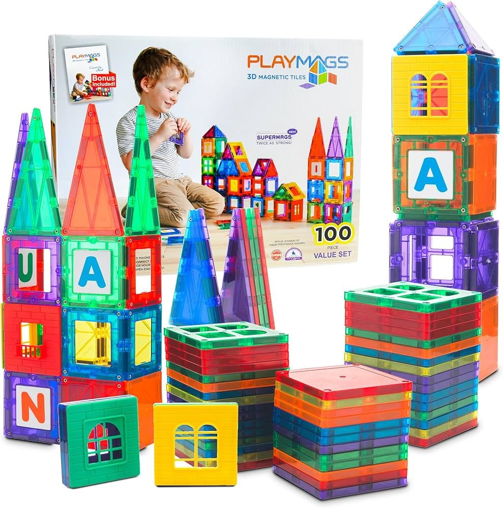 Playmags 100-Piece Magnetic Tiles Building Blocks Set, 3D Magnet Tiles for Kids Boys Girls, Educa... | Amazon (US)