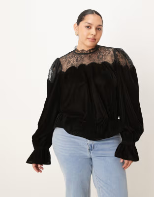 ASOS DESIGN Curve velvet and lace mix high neck long sleeve blouse in black | ASOS (Global)