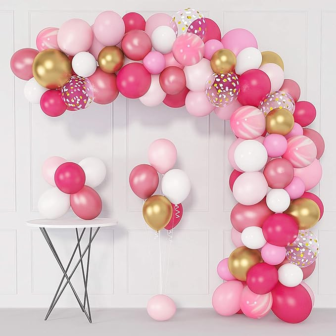 144 Pcs Pink Balloons Garland Arch Kit 12'' 10'' 5'' Hot Light Pink Gold White Confetti Latex Met... | Amazon (US)