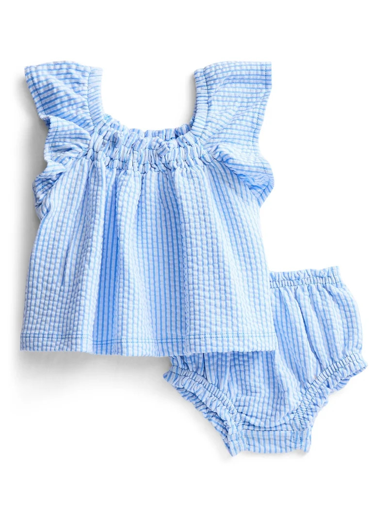 Wonder Nation Baby Girls Seersucker Romper & Bloomers with Flutter-Sleeve, 2-Piece Set, Sizes 0... | Walmart (US)