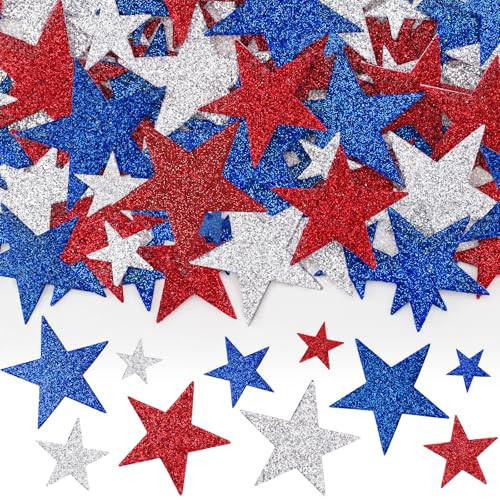 Anwyll 360Pcs Star Stickers - Red Blue Silver USA Patriotic Star Stickers Self Adhesive 4th of July Sticker Glitter Foam Stars Shaped Sticker for Kids Reward Art Craft Memorial Independence Day Decor | Amazon (US)