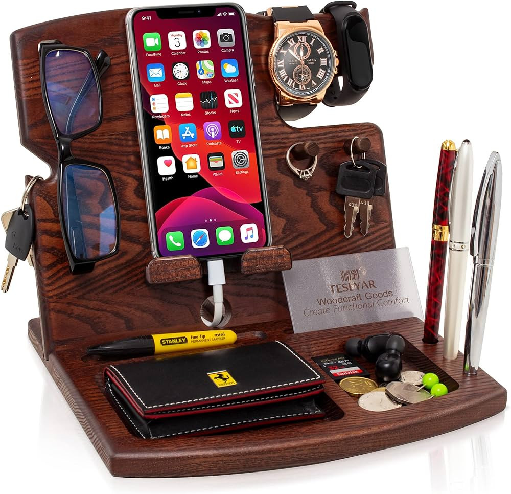 TESLYAR Wood Phone Docking Station Ash Hooks Key Holder Wallet Watch Stand Watch Organizer Men Hu... | Amazon (US)