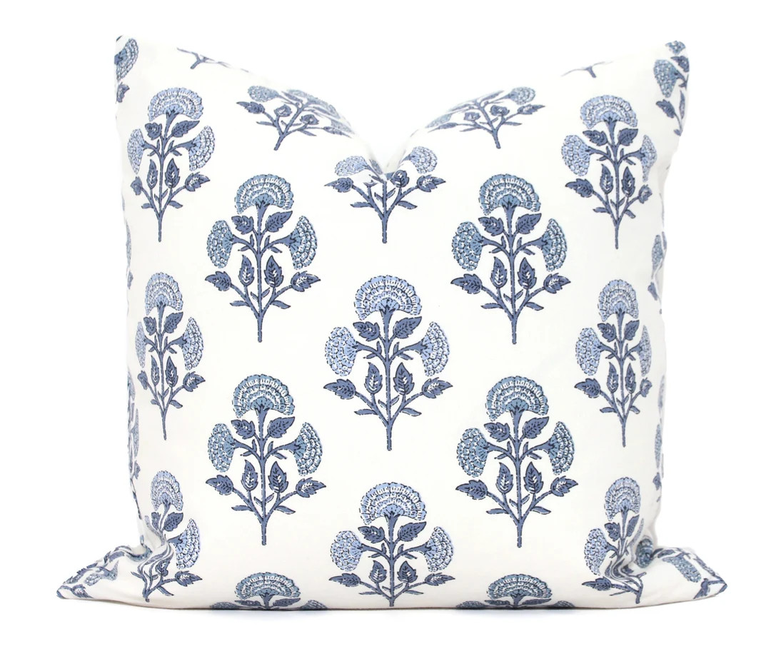 Light Blue Carnation Block Print Decorative Pillow Cover, Throw Pillow, Accent Pillow, Pillow Sha... | Etsy (US)