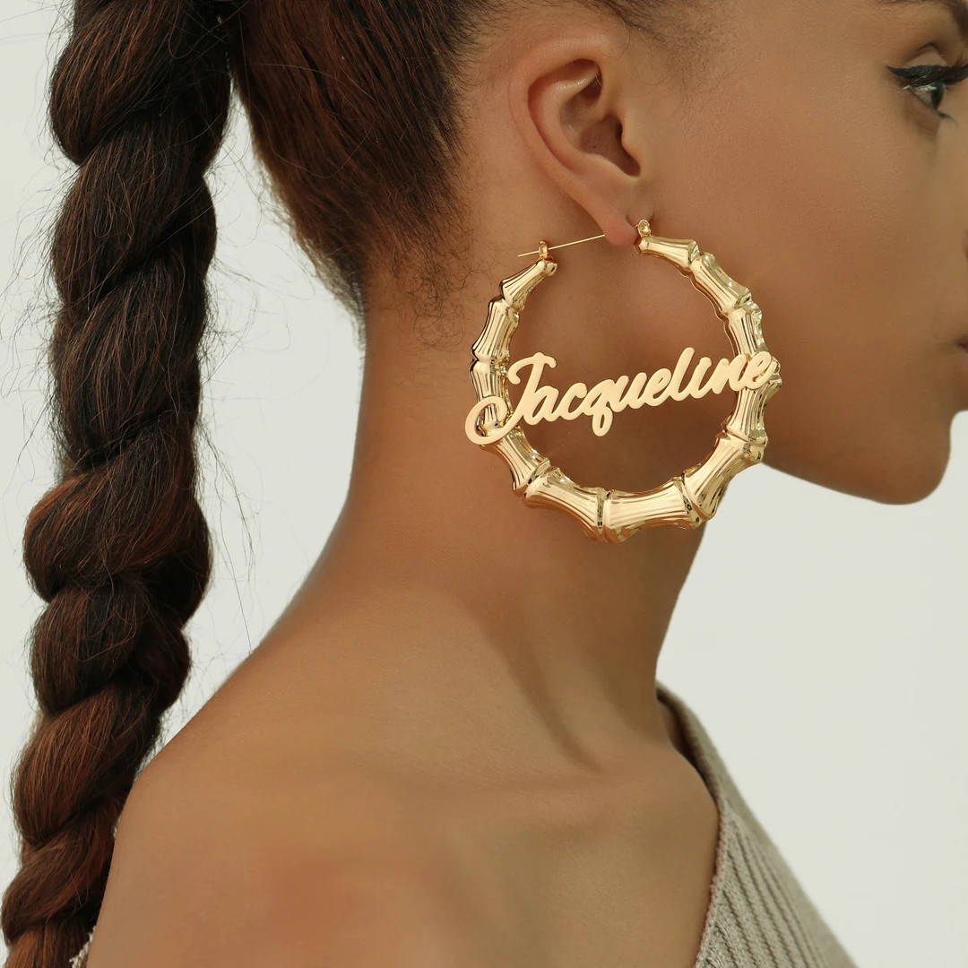 Custom Name Bamboo Hoop Earrings: 18k Gold Nameplate Hoops, Women Earrings, Personalized Jewelry ... | Etsy (Global)