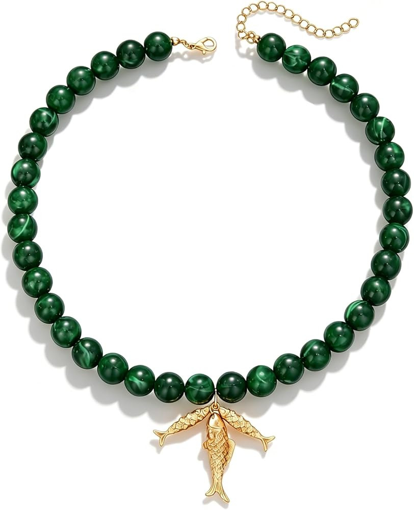 iF YOU Green Beaded necklaces for Women, Chunky Boho Red Orange Turquoise Acrylic Bead Choker Nec... | Amazon (US)