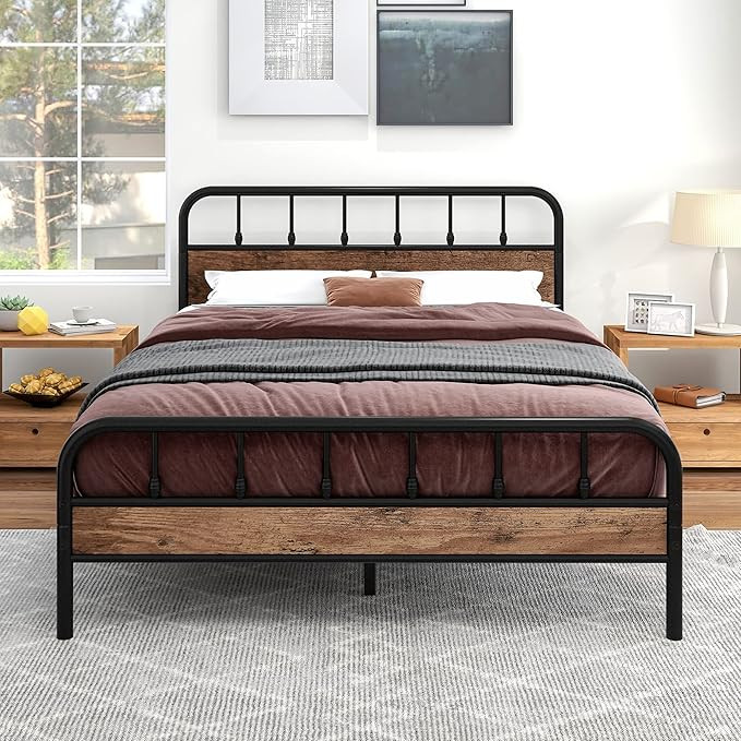 JURMERRY Metal Platform Bed Frame with Wooden Headboard and Footboard Heavy Duty Steel Support, M... | Amazon (US)