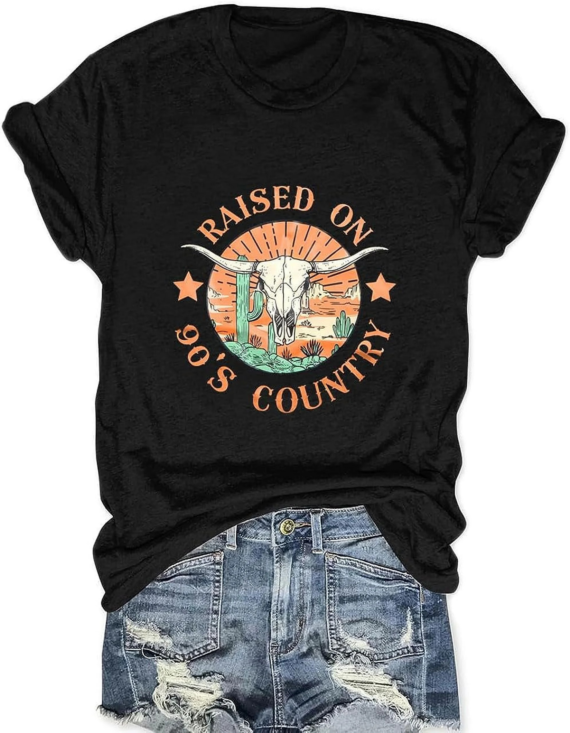 Women Raised On 90s Country Shirt Vintage Cow Skull Western Cowboy T Shirts Short Sleeve Summer T... | Walmart (US)