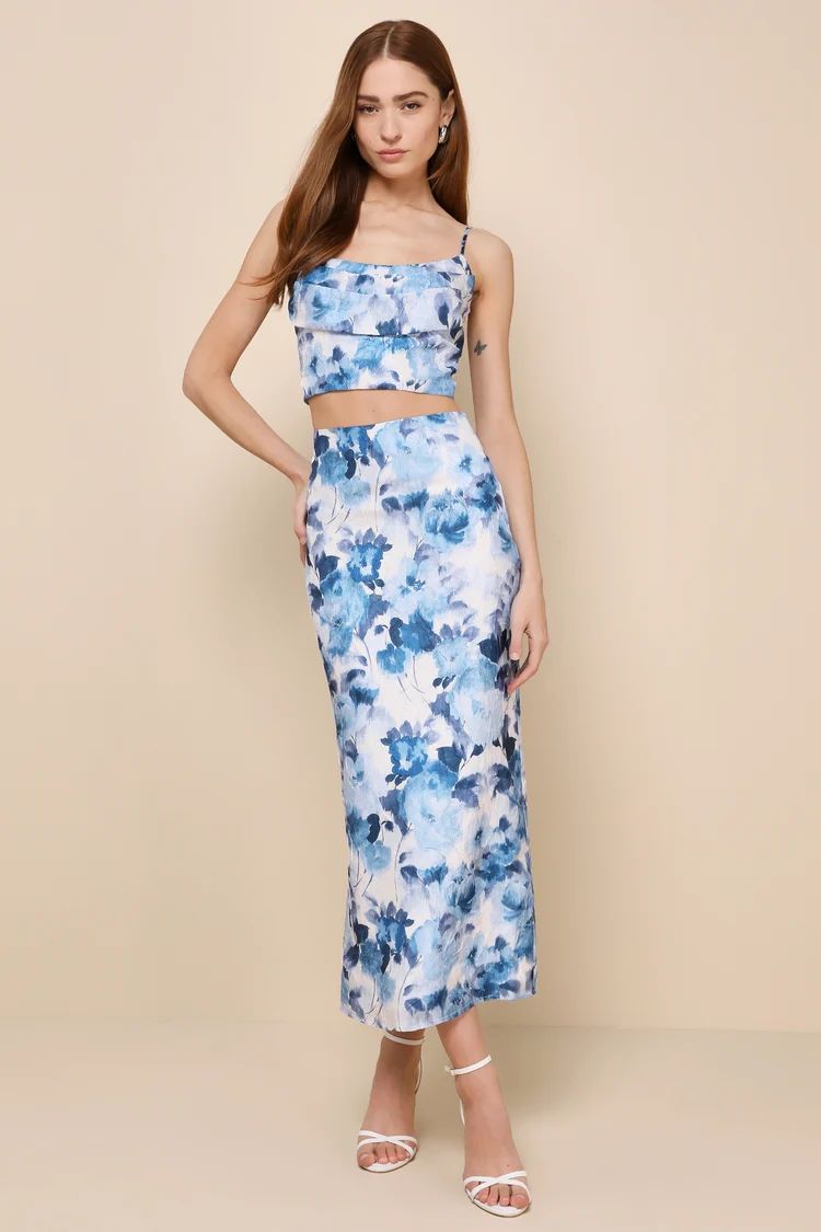 Sweet Wonder White and Blue Floral Slip Midi Skirt | Lulus