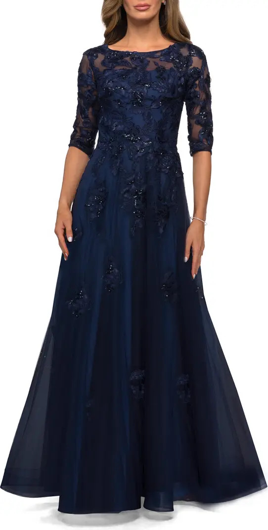 La Femme Three Quarter Sleeve A-line Gown with Floral Embellishments | Nordstrom | Nordstrom