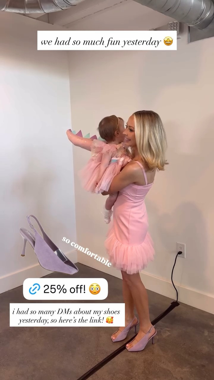 The suede lilac purple slingback pumps I wore to Sutton’s party are 25% off! Also comes in tan!