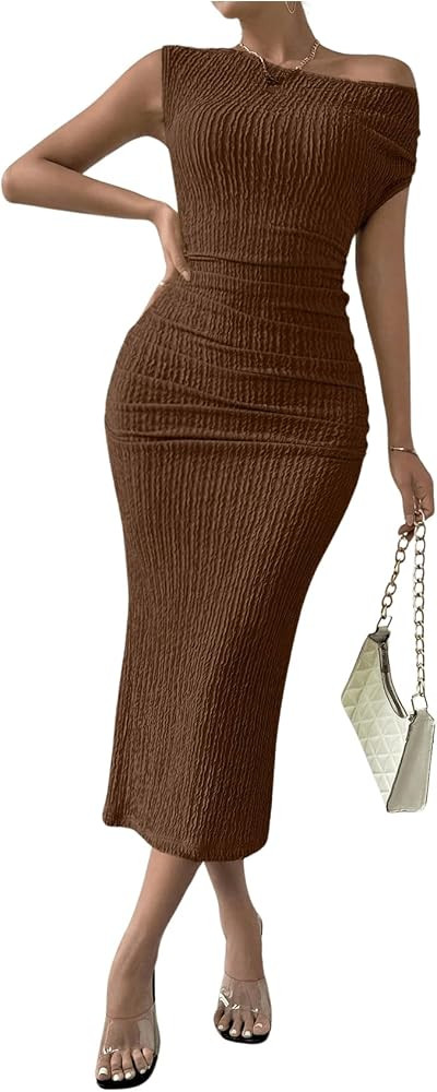SOLY HUX Women's Off Shoulder Short Sleeve Ruched Bodycon Dress Pencil Midi Dresses | Amazon (US)