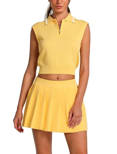 ABOCIW Womens 2 Piece Tennis Skirt Set Knit Half Zip Tank Top Tennis Skirt with Shorts Workout Athletic Set Yoga Golf Outfits for Women Two Piece Tennis Sets Yellow X-Small | Amazon (US)
