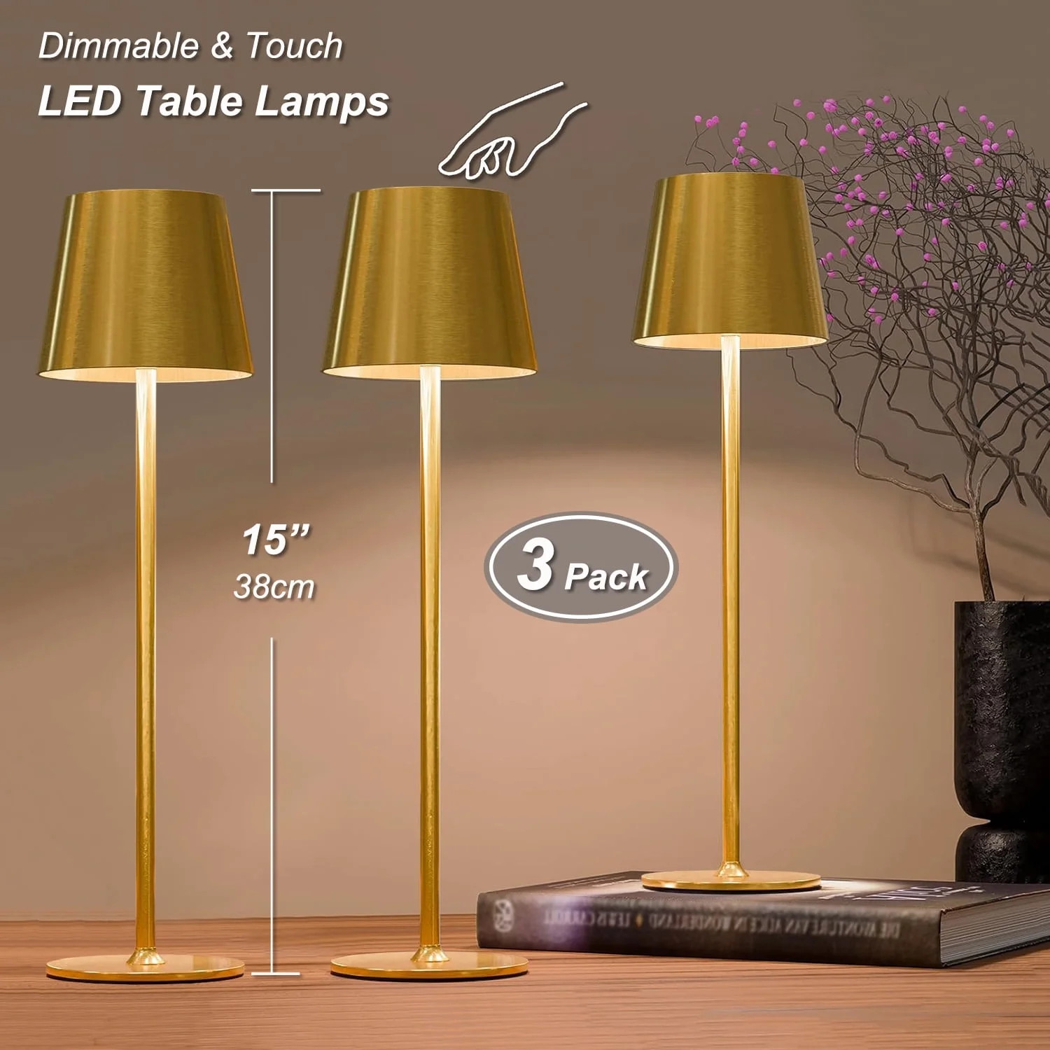 Postlucky 3-Pack 15" Cordless Portable LED Table Lamps Rechargeable, 3 Colors Dimmable Bedside Li... | Walmart (US)