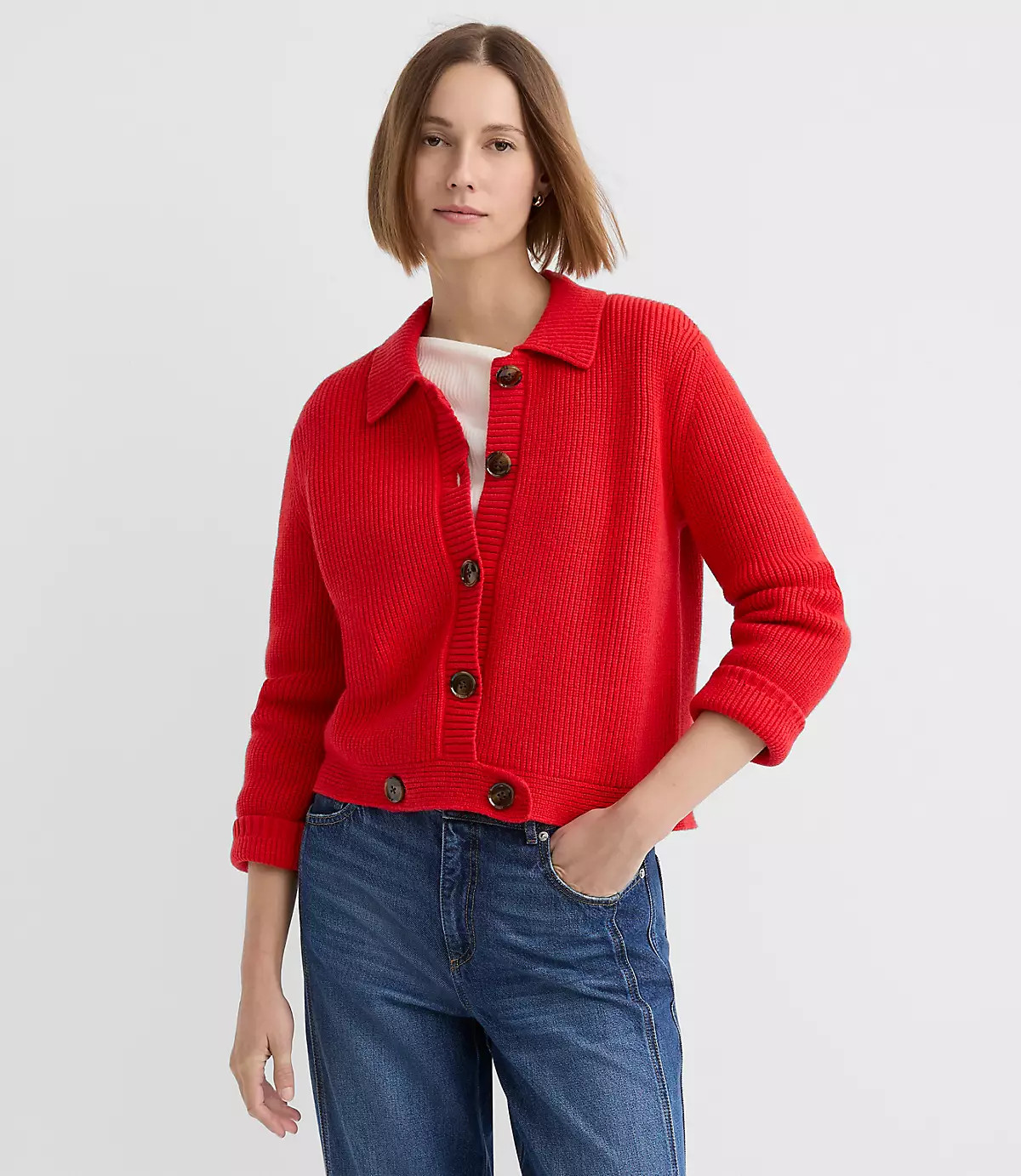 Ribbed Button Tab Sweater Jacket | LOFT