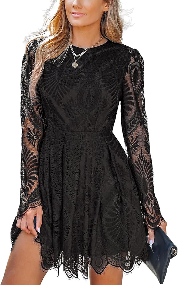 CUPSHE Women's Sheer Insert Scallop Trim Lace Coaktail Dress Long Sleeve Flared A-Line Mini Dress... | Amazon (US)