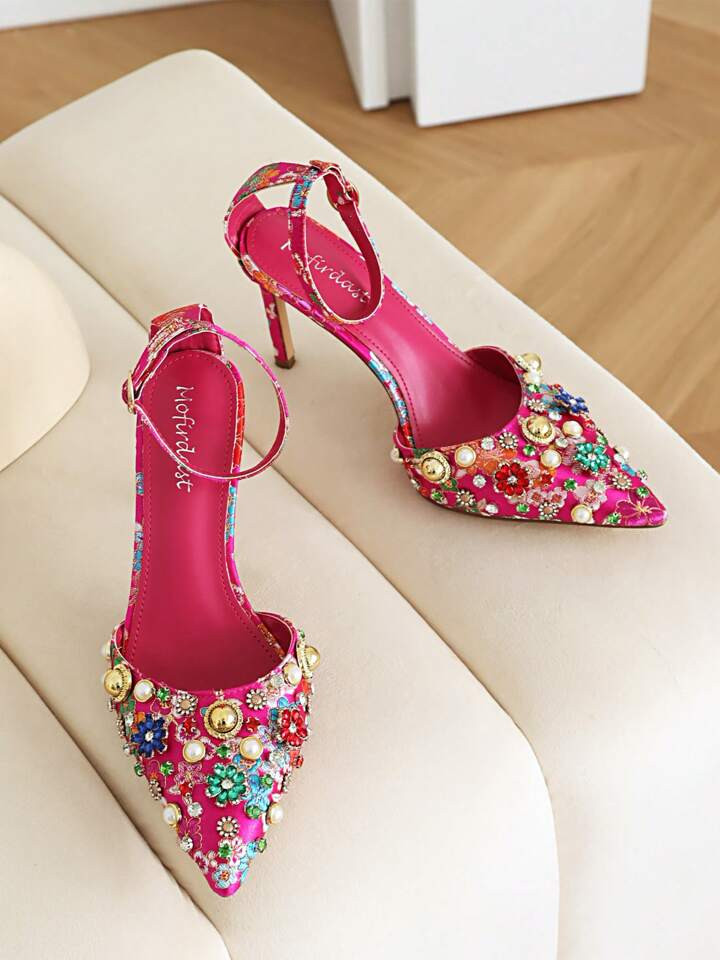 Mofirdast Women's Ankle Strap Pumps Stiletto High Heels Colorful Rhinestones Closed Pointed Toe H... | SHEIN