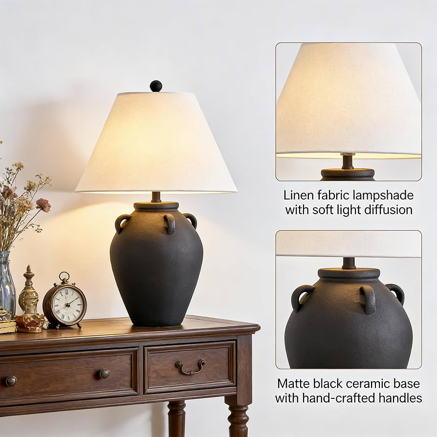 Maxax 25" Farmhouse Ceramic Table Lamp for Living Room, Black Rustic Bedside Lamp with White Shad... | Amazon (US)
