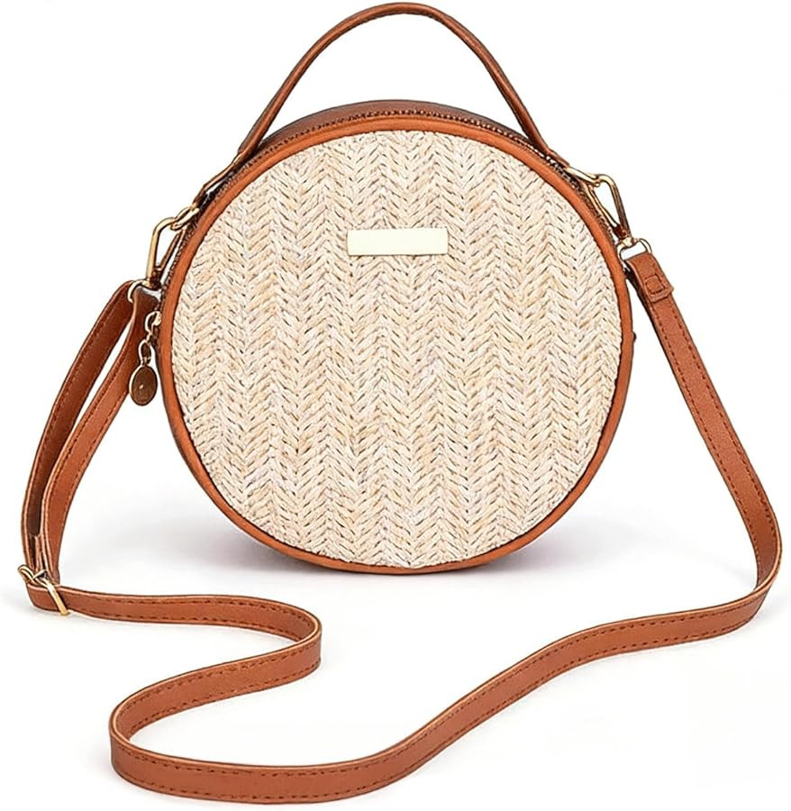 Woven Purse Round Straw Crossbody Shoulder Bag Retro Chic Top Handle Handbag with Zipper for Wome... | Amazon (US)