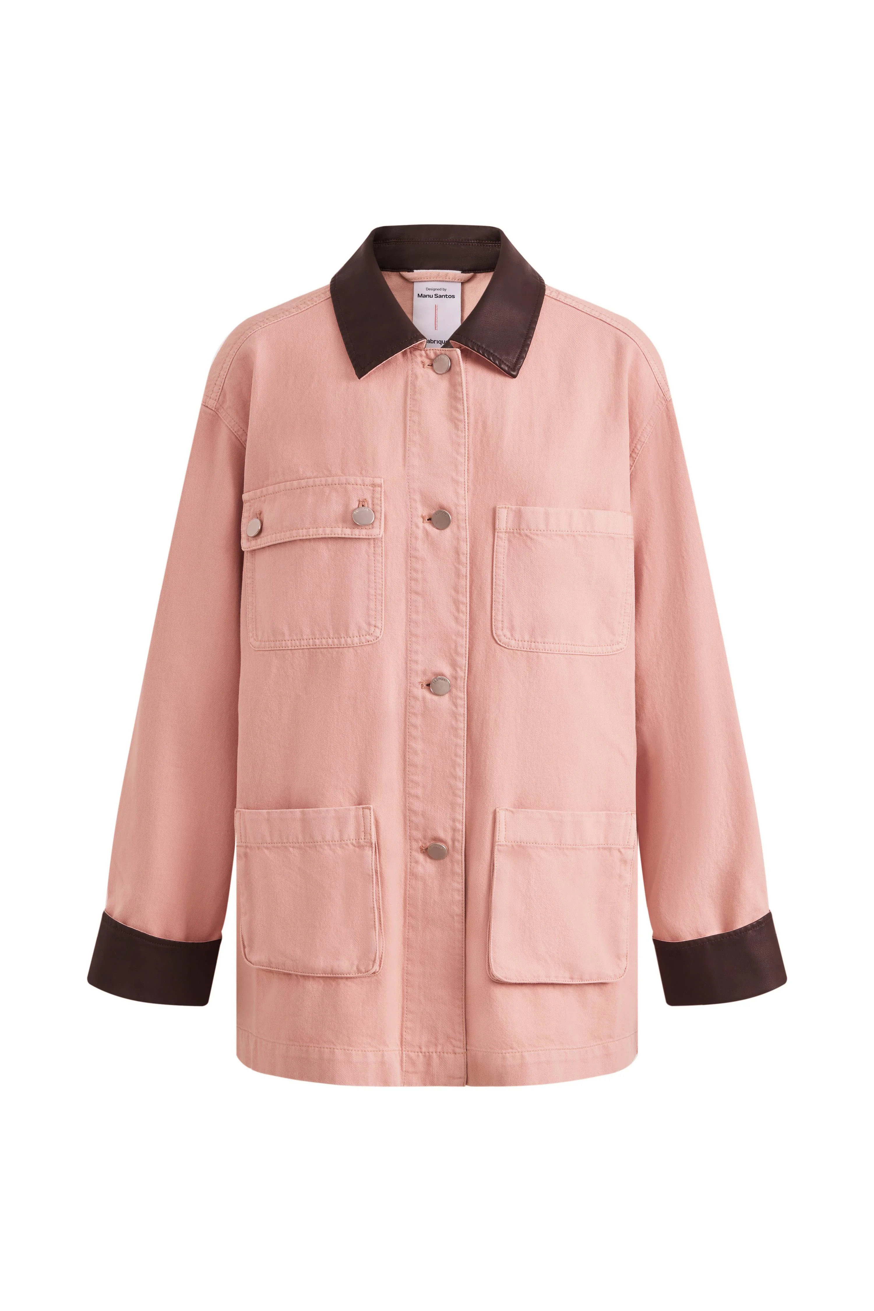 Telmo Dusty Pink Leather Collar Patch Pocket Jacket in Cotton Denim | Fabrique