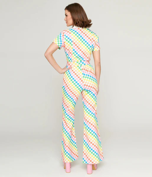 Smak Parlour 1970s Rainbow Check Flare Jumpsuit | UniqueVintage