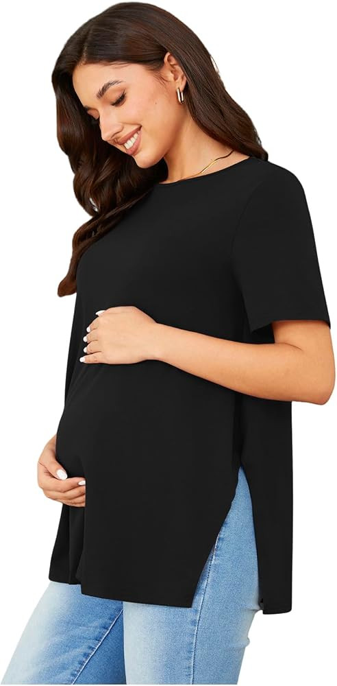 OYOANGLE Women's Maternity Shirts Split Hem Short Sleeve Loose Tunic Tops Tee Casual Pregnancy Cl... | Amazon (US)