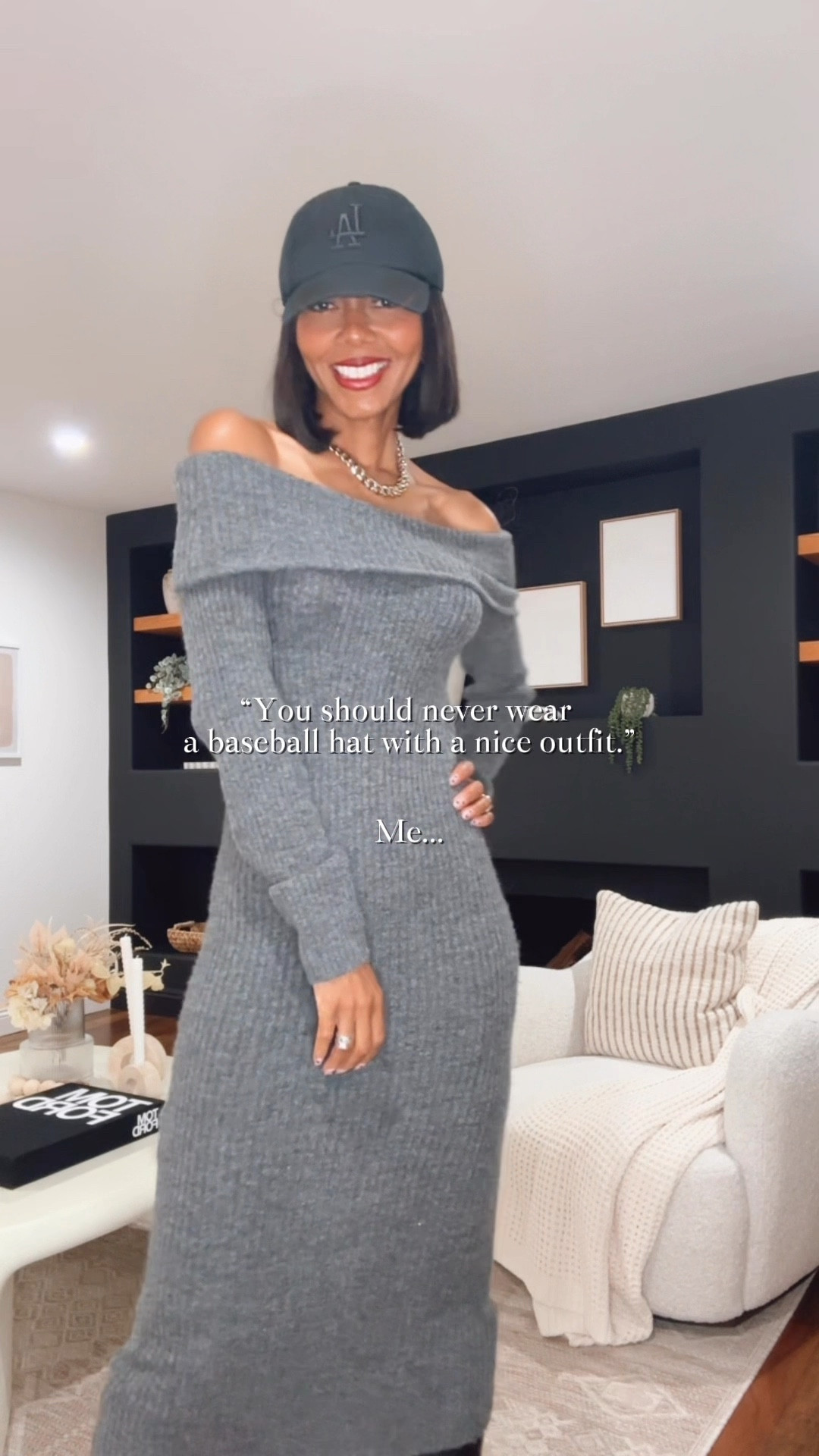 Winter outfit inspo. Sweater dress. Knee high boots. LA Baseball Hat. Black Blazer. Flattered Clutch. Mixed metal accessories. 🩶✨

#LTKParties #LTKOver40 #LTKStyleTip