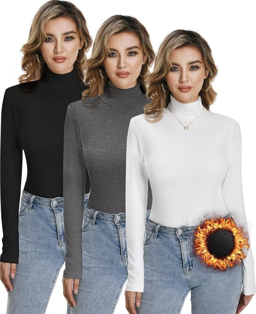 2/3 Pack Women Long Sleeve Thermal Turtle Neck Shirts Double-Sided Fleece Lined Turtleneck Base L... | Amazon (US)