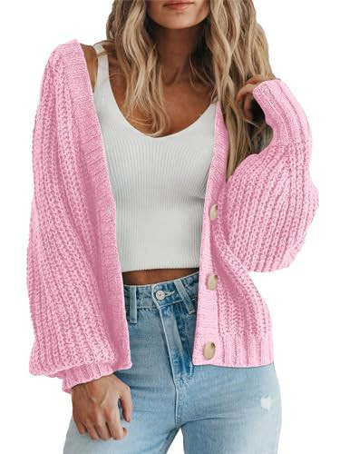 PRETTYGARDEN Women's Chunky Knit Open Front Sweater Long Sleeve Button Loose Short Cardigan Outerwear Coats (Pink,X-Large) | Amazon (US)