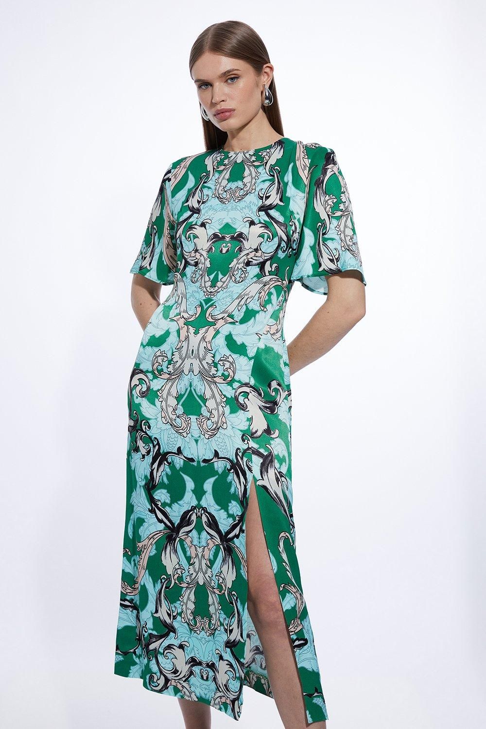 Mirrored Baroque Viscose Short Sleeve Midi Dress | Karen Millen US