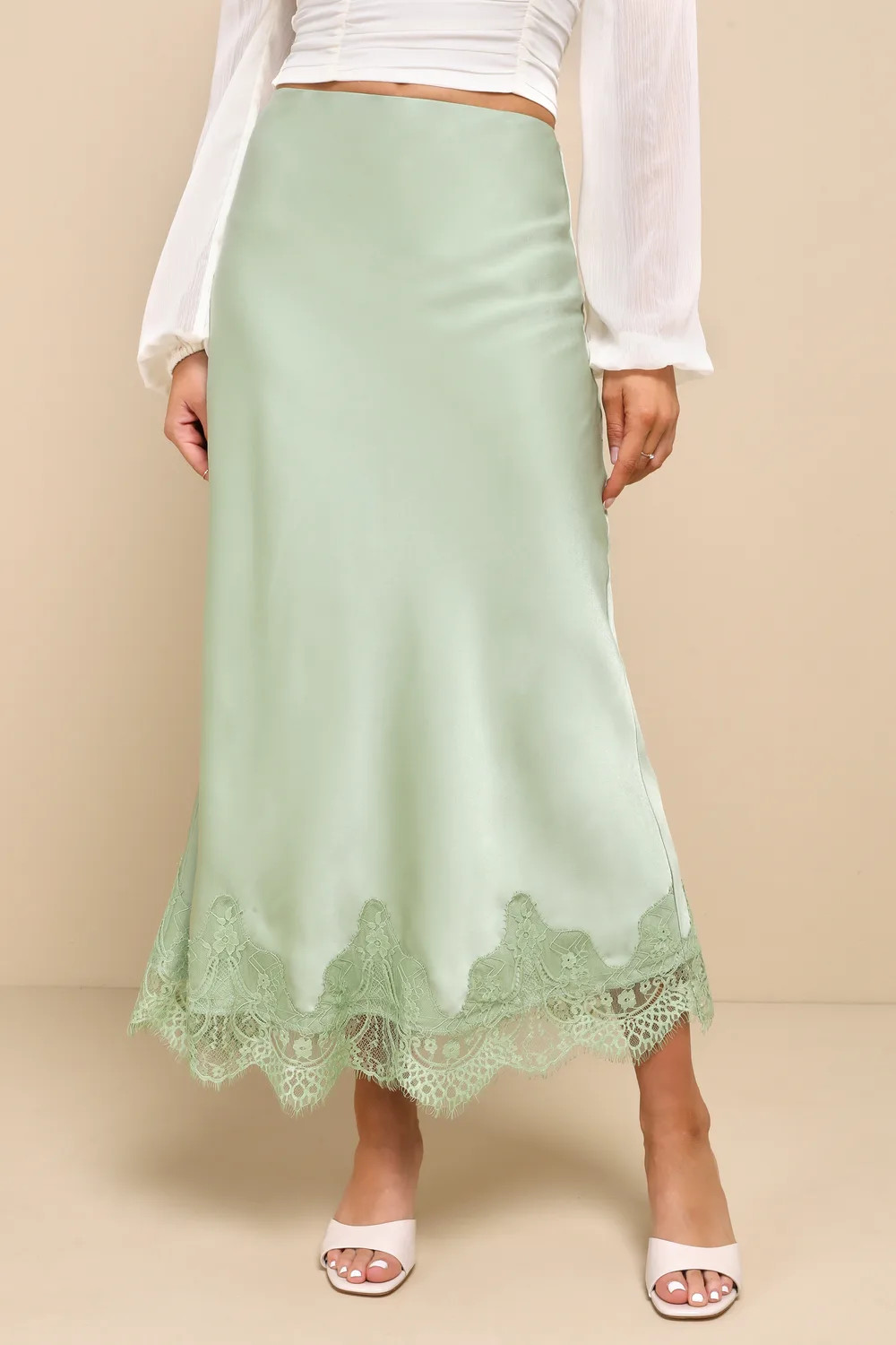 Blissful Nature Sage Green Satin Lace High-Rise Midi Skirt | Lulus
