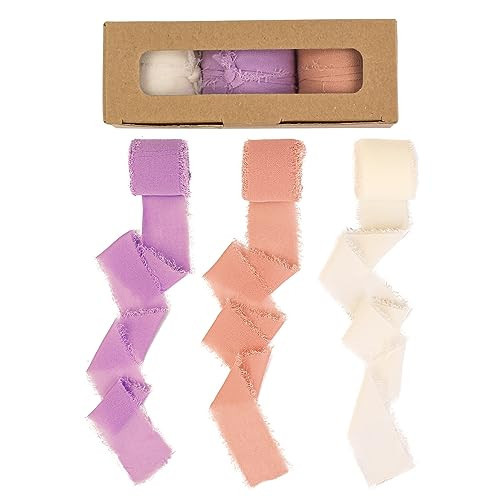 3 Rolls Chiffon Ribbon 1.5" X 7yd, Handmade Fringe Chiffon Silk Ribbon Creamy Pink Purple Ribbons Set for Gifts Wrapping, Wedding Invitations, Bridal Bouquets, DIY Crafts (Creamy Pink Purple) | Amazon (US)