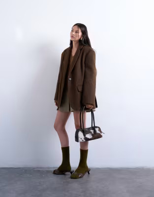 Topshop long brushed one button blazer coat with wool in chocolate | ASOS (Global)