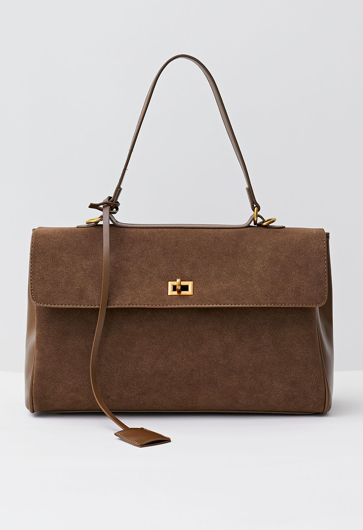 Turnlock Spliced Faux Suede Tote Bag in Brown | Chicwish