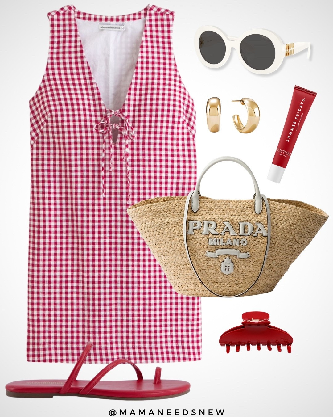 A summer outfit with a gingham print tie front mini dress, strappy sandals, raffia tote bag ❤️

#LTKStyleTip #LTKSaleAlert #LTKItBag