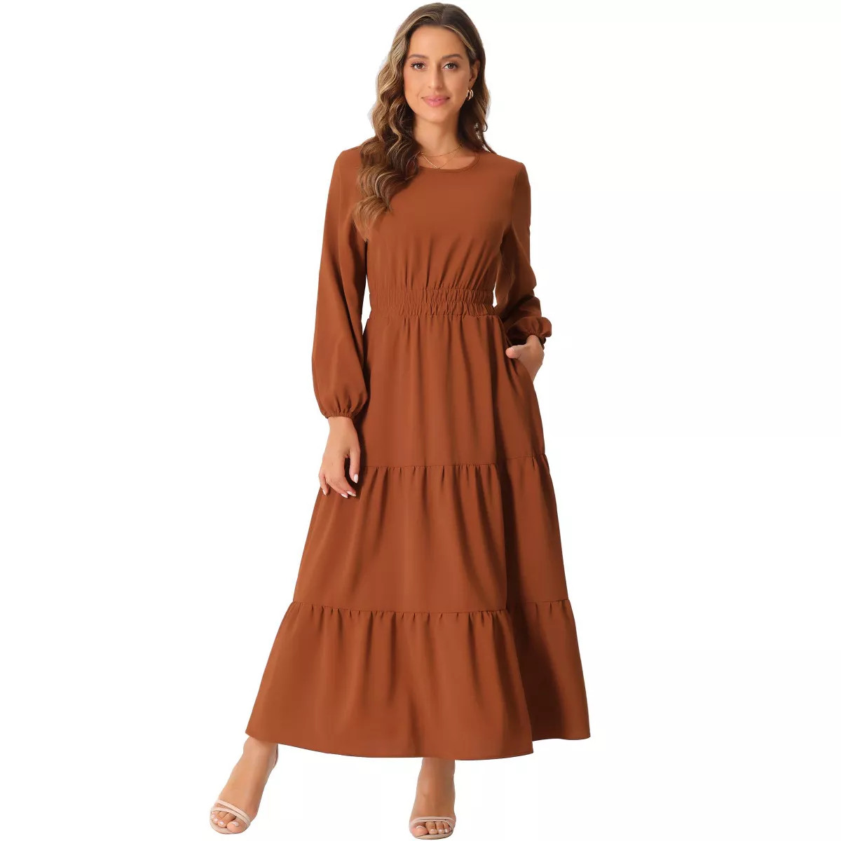 Allegra K Women's Fall Long Sleeve Crewneck Casual Tiered Midi Dress with Pockets | Target