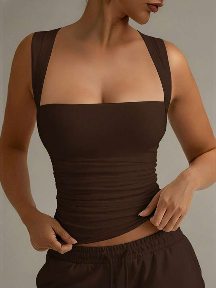 XLLAIS Fashion Turndown Collar White & Brown Casual Vacation Fitted Camisole, Suitable For All Seasons Summer | SHEIN