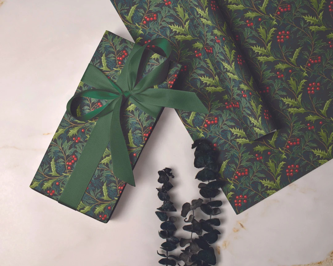 Red Holly Berry and Green Leaves Christmas Wrapping Paper - William Morris Inspired Recyclable Gi... | Etsy (AU)