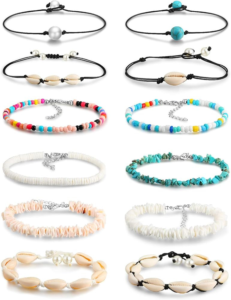 Honsny 12 PCS Beaded Anklet Bracelets for Women Girls Adjustable Colorful Gold Anklet Bracelets H... | Amazon (US)