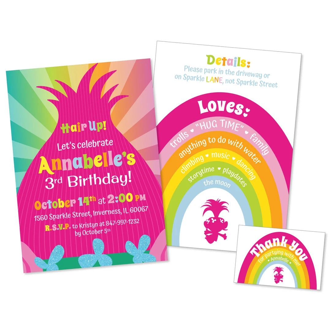 Trolls Inspired Birthday Invitation & Favor Tag | Etsy (US)